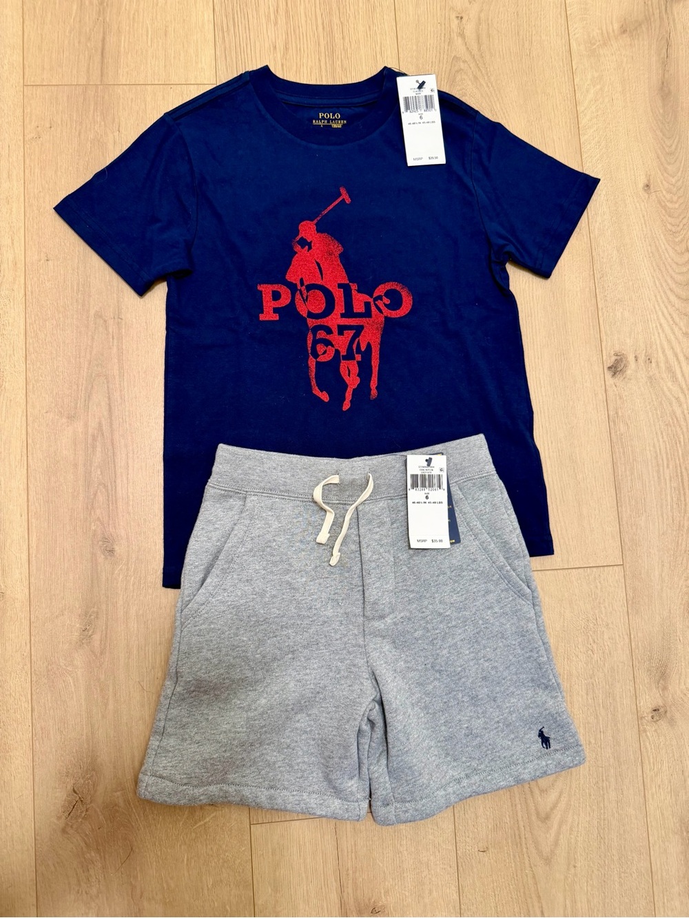 Sold. Polo by Ralph Lauren Navy Tee with Red Logo & Gray Drawstring Shorts